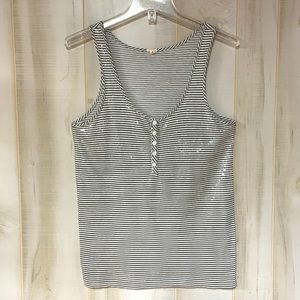 J. Crew Grey White Stripe V Neck Tank Top With Clear Sequin Front, Sz M